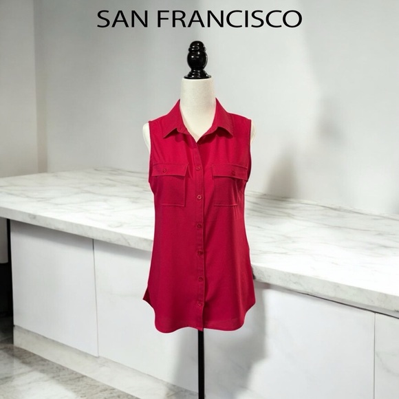 San Francisco Tops - San Francisco, Chic Sleeveless Button-Down Blouse, Small, Color : Cherry